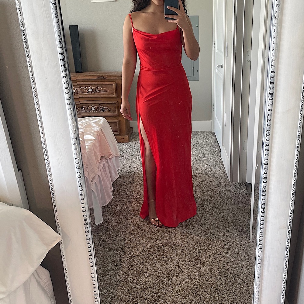 Long Formal Slit Dress with Cowl Neckline